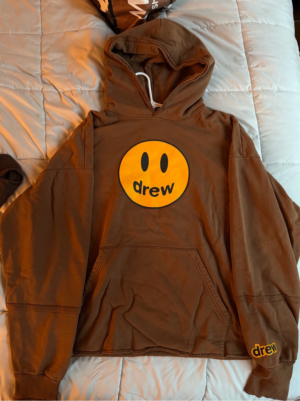 drew house Brown Crewneck Hoodie with Yellow Smile Logo